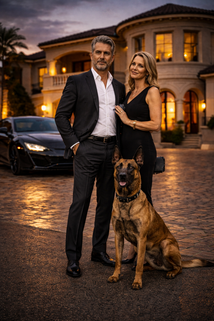 Belgian Malinois next to couple infront of estate